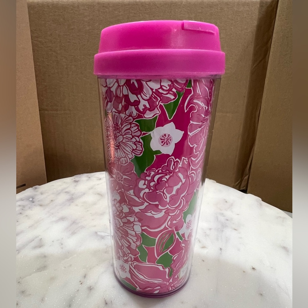 Lilly Pulitzer Travel Cup Insulated 16 oz. Floral Aqua Pink Excellent!